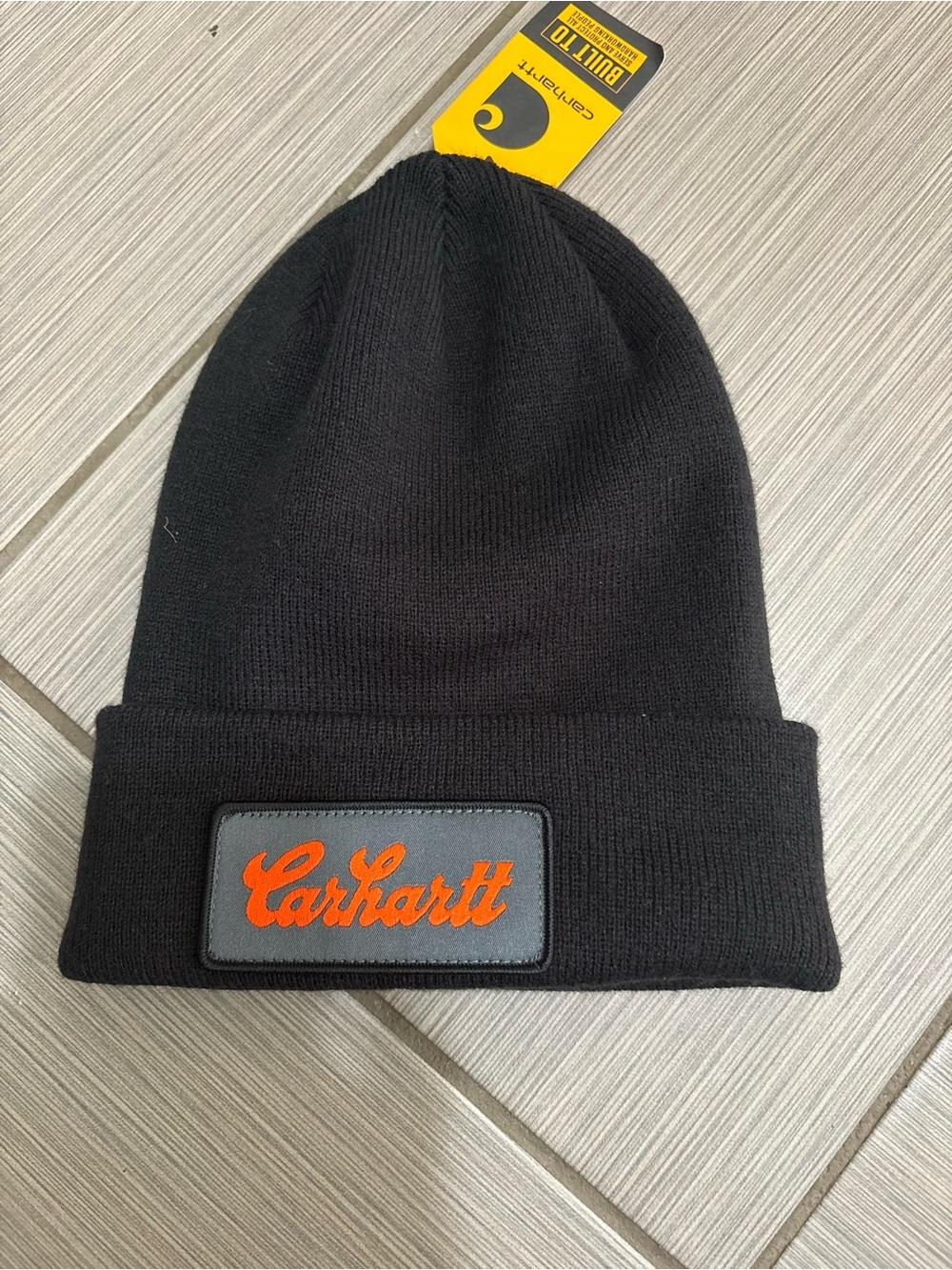 Carhartt Black Cuffed Beanie with Orange Script Logo